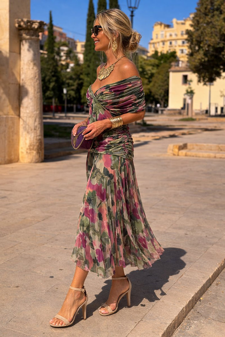 Women's V-Neck Chiffon Cocktail Party Dress Pleated Maxi Gown