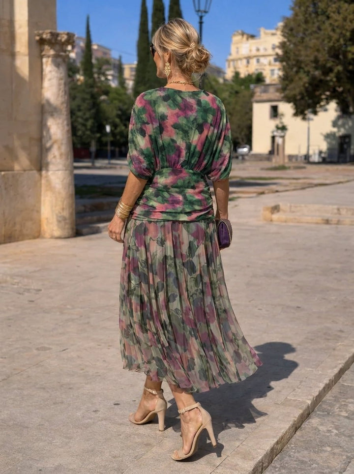Women's V-Neck Chiffon Cocktail Party Dress Pleated Maxi Gown