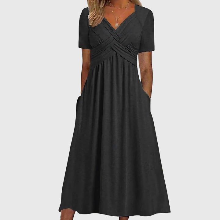 Women's V-Neck Cross-Ruched A-Line Tummy Control Midi Dress - Black