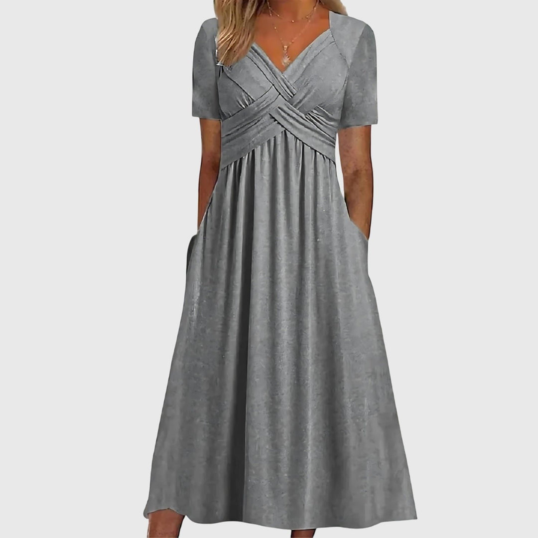 Women's V-Neck Cross-Ruched A-Line Tummy Control Midi Dress - Gray
