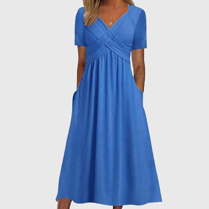 Women's V-Neck Cross-Ruched A-Line Tummy Control Midi Dress - Blue