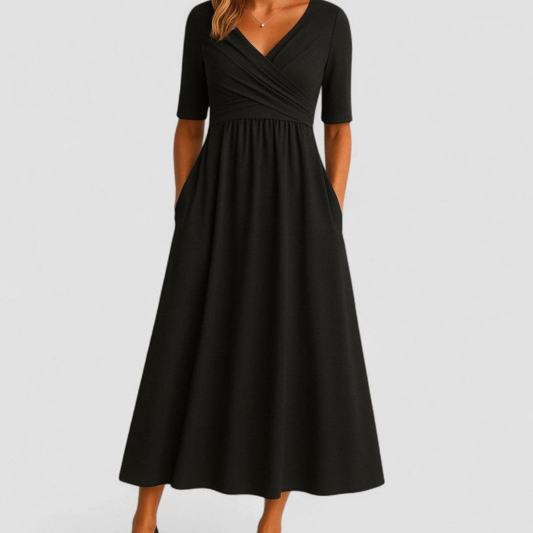 Women's V-Neck Crossover Empire-Waist Flared Midi Dress - Black