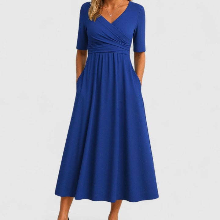 Women's V-Neck Crossover Empire-Waist Flared Midi Dress - Blue