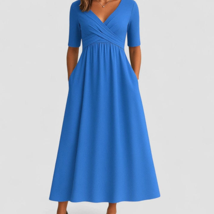 Women's V-Neck Crossover Empire-Waist Flared Midi Dress - Azure