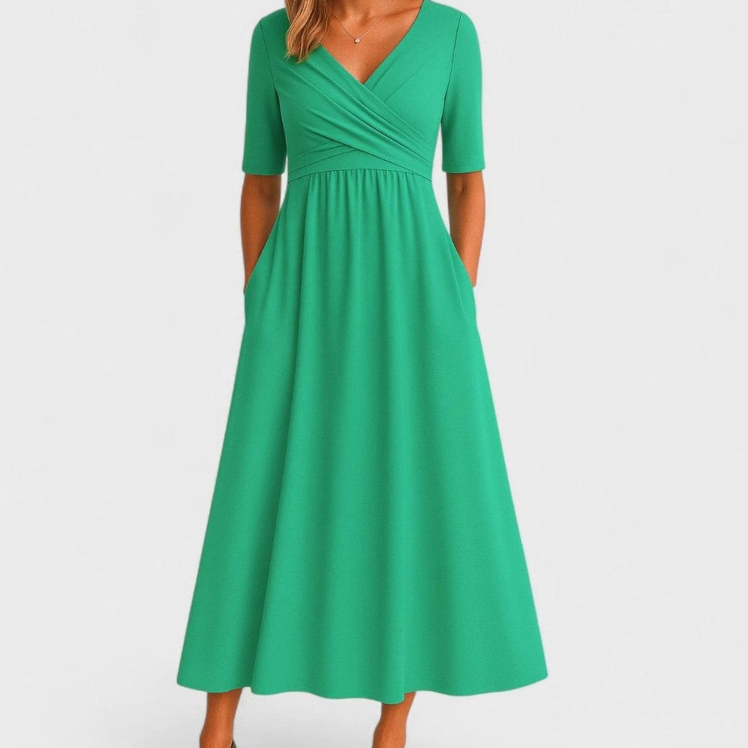 Women's V-Neck Crossover Empire-Waist Flared Midi Dress - Green