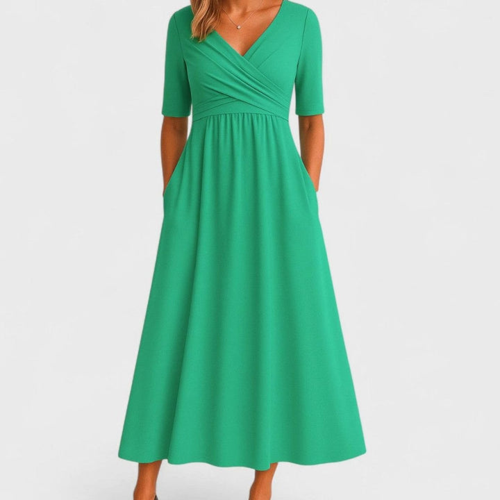 Women's V-Neck Crossover Empire-Waist Flared Midi Dress - Green