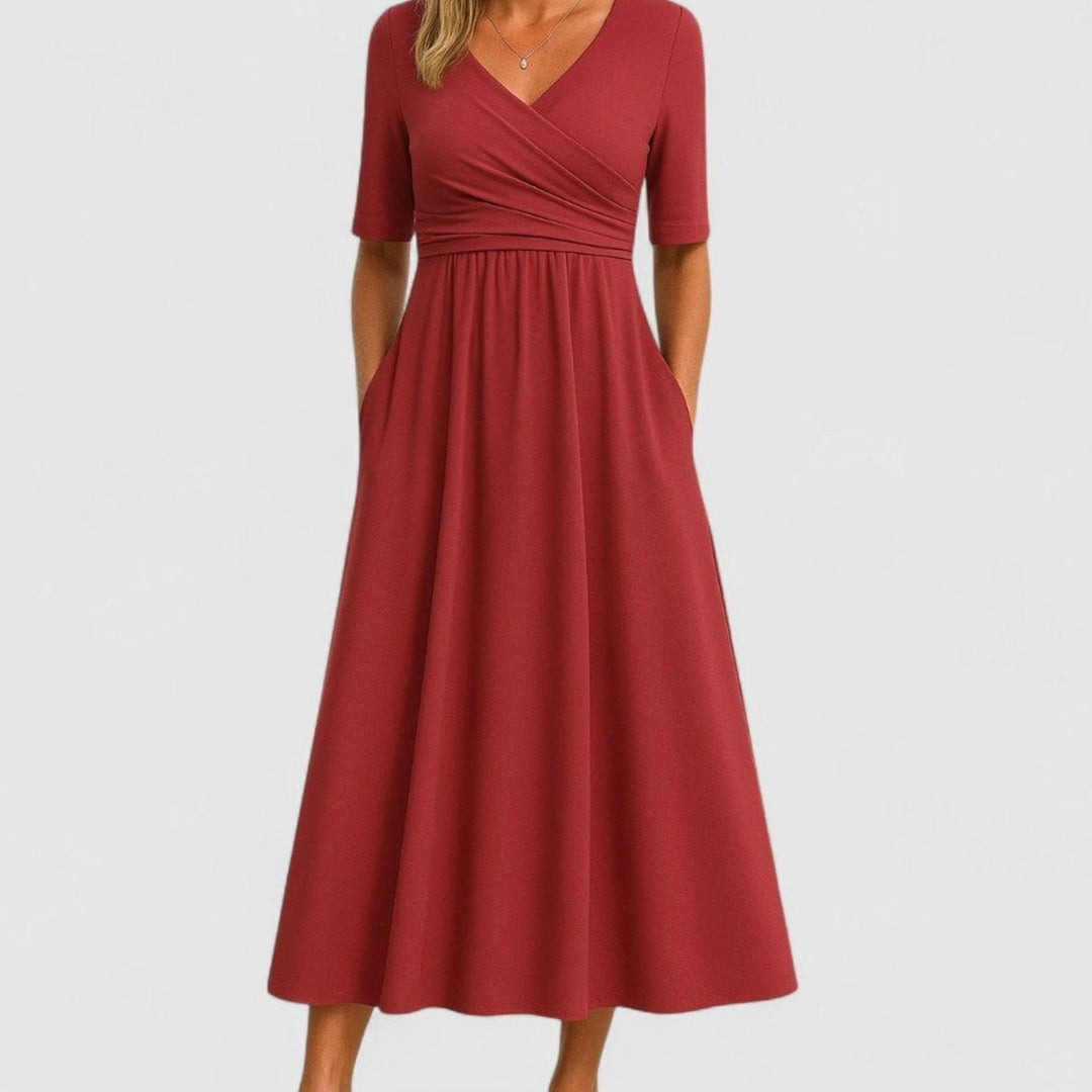 Women's V-Neck Crossover Empire-Waist Flared Midi Dress - Red