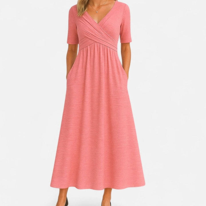 Women's V-Neck Crossover Empire-Waist Flared Midi Dress - Pink
