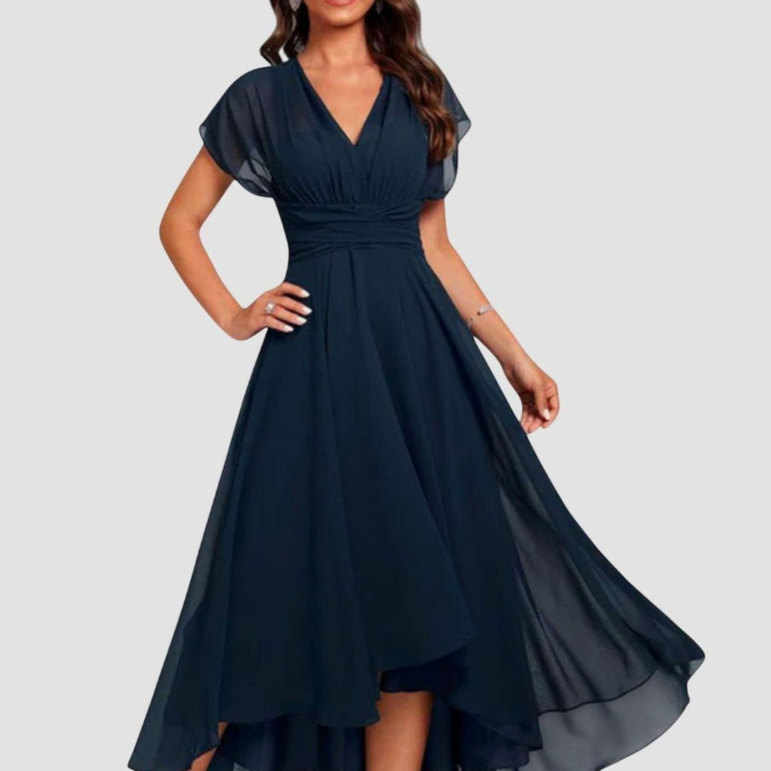 Women's V-Neck Flutter Sleeve A-Line Chiffon Midi Dress - Navy Blue