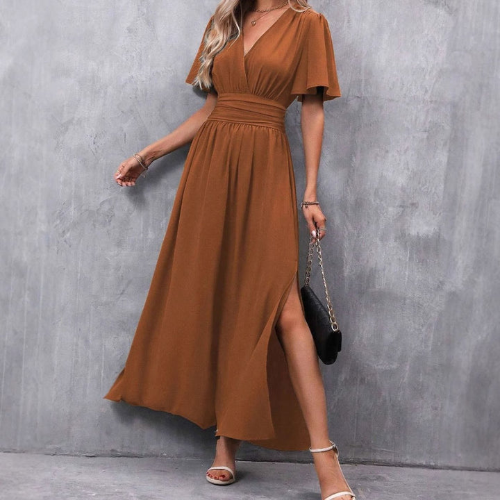 Women's V-Neck Flutter-Sleeve High-Waist Side-Slit Maxi Dress - Caramel