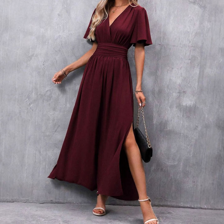 Women's V-Neck Flutter-Sleeve High-Waist Side-Slit Maxi Dress