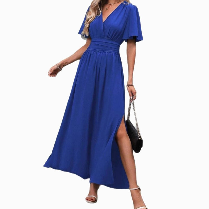 Women's V-Neck Flutter-Sleeve High-Waist Side-Slit Maxi Dress