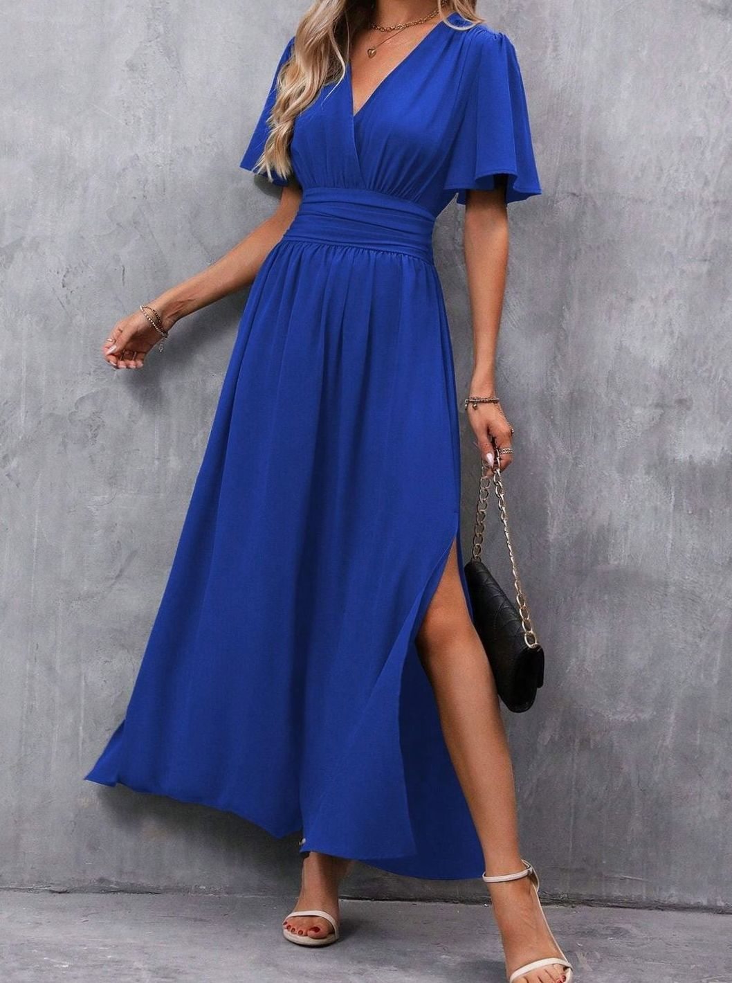 Women's V-Neck Flutter-Sleeve High-Waist Side-Slit Maxi Dress - Blue