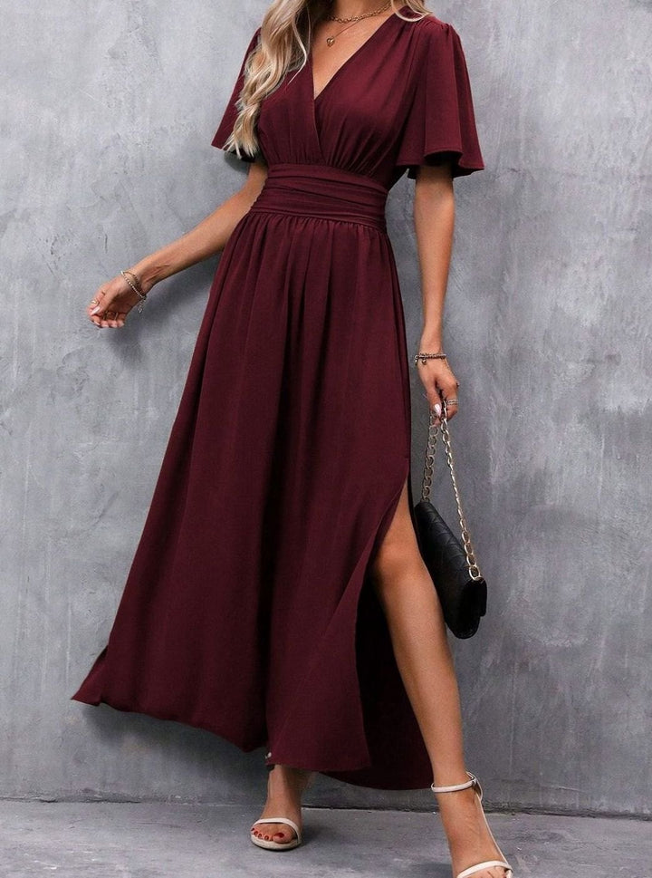 Women's V-Neck Flutter-Sleeve High-Waist Side-Slit Maxi Dress - Burgundy