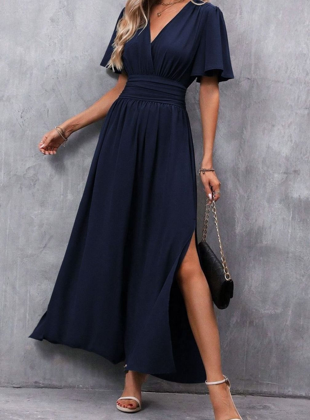 Women's V-Neck Flutter-Sleeve High-Waist Side-Slit Maxi Dress - Navy Blue