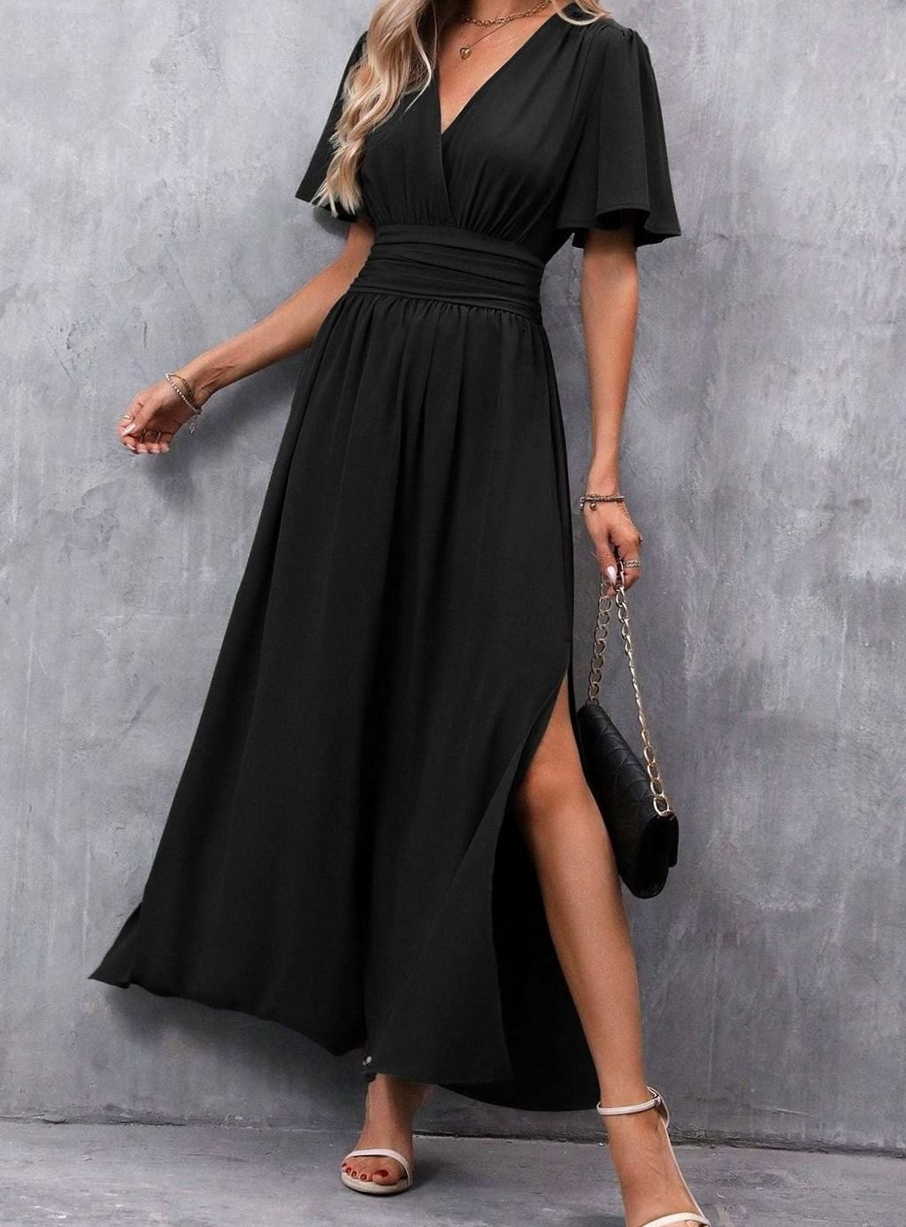 Women's V-Neck Flutter-Sleeve High-Waist Side-Slit Maxi Dress - Black
