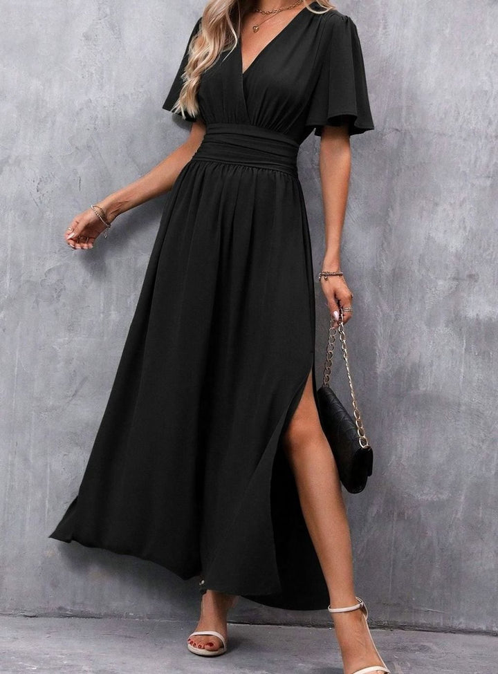 Women's V-Neck Flutter-Sleeve High-Waist Side-Slit Maxi Dress - Black
