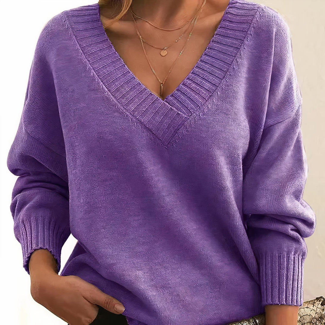Women's V-Neck Long Sleeve Knit Pullover Sweater - Purple