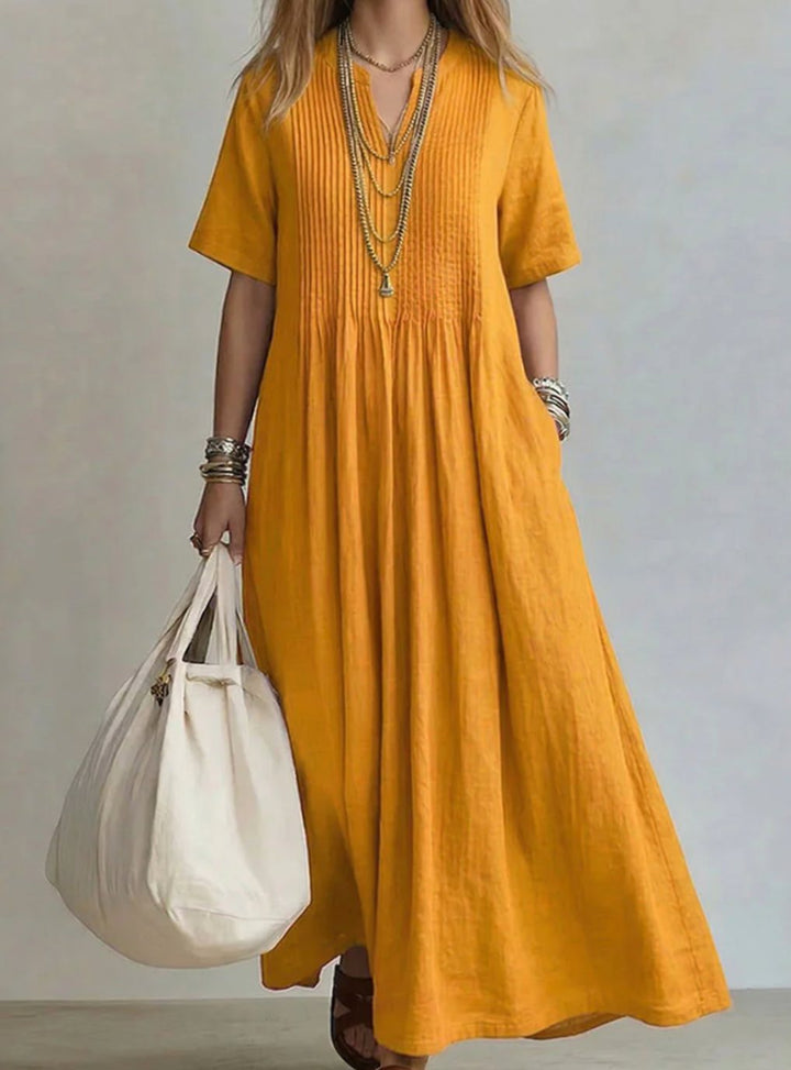 Women's V-Neck Pintuck Pleated Flowy Maxi Dress - Yellow