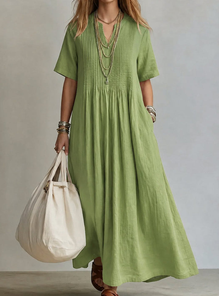 Women's V-Neck Pintuck Pleated Flowy Maxi Dress - Green