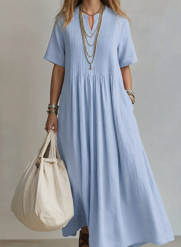 Women's V-Neck Pintuck Pleated Flowy Maxi Dress - Blue