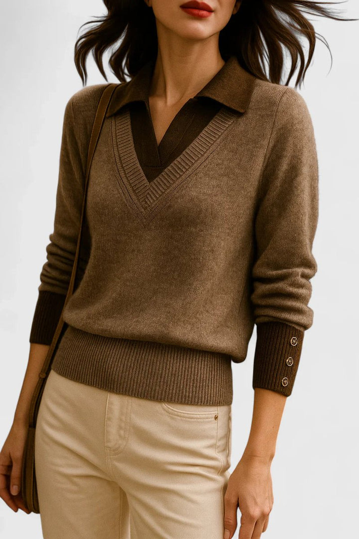 Women's V-Neck Polo Collar Knit Pullover Sweater