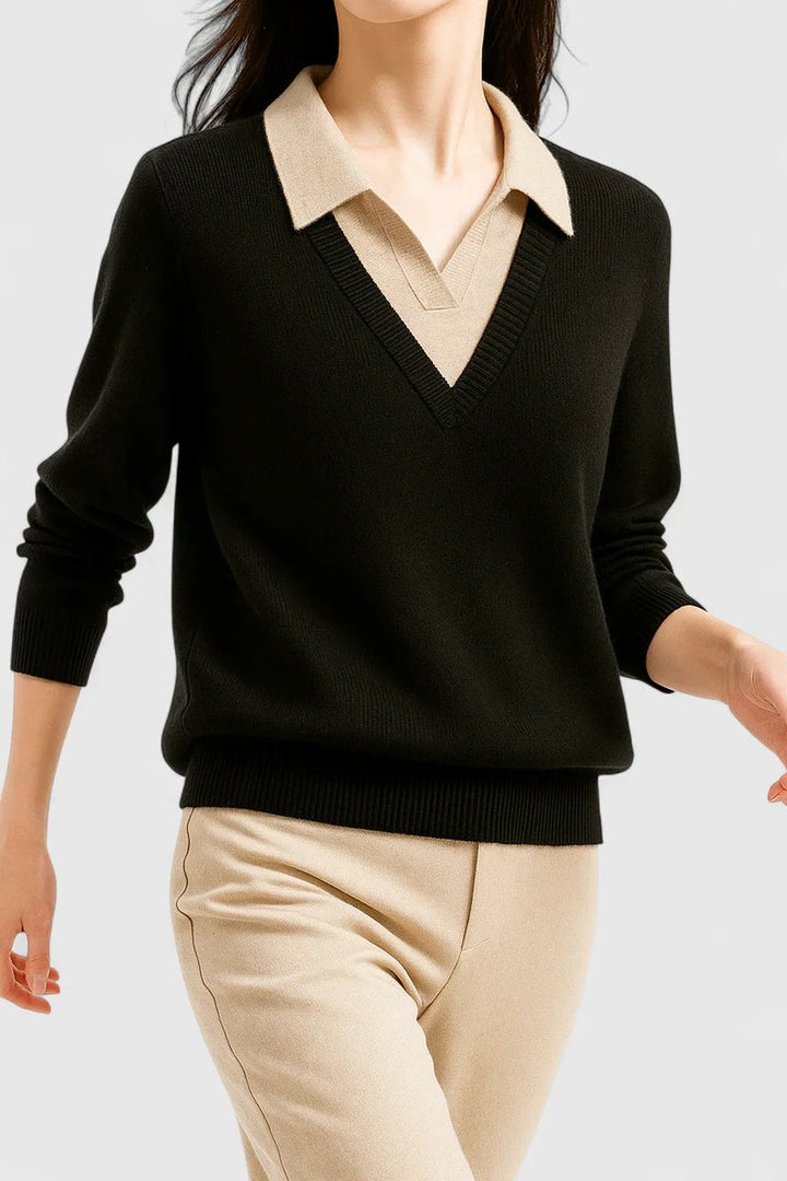 Women's V-Neck Polo Collar Knit Pullover Sweater