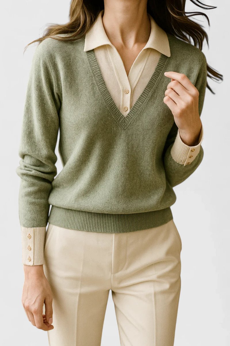 Women's V-Neck Polo Collar Knit Pullover Sweater