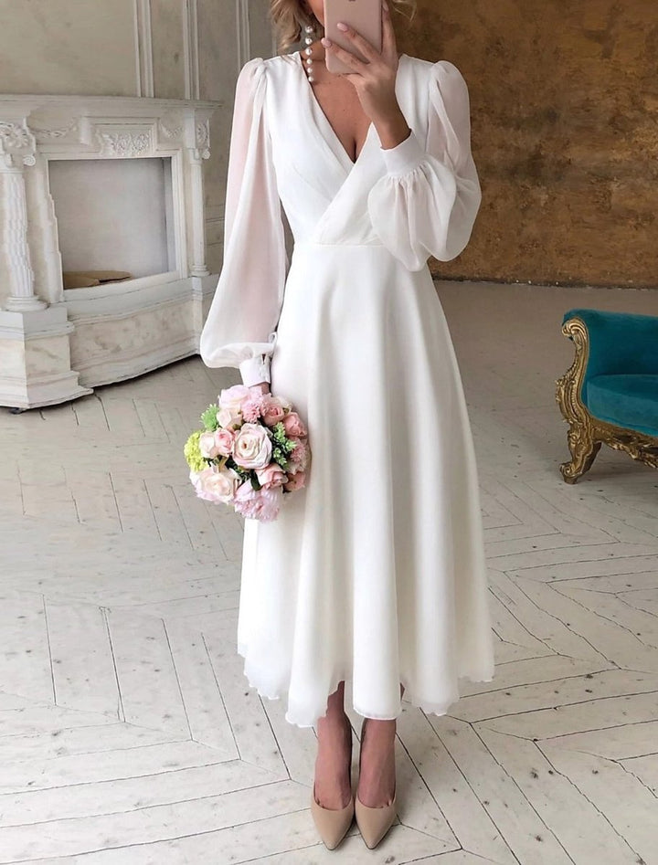 Women's V-Neck Puff Long Sleeve Dress Midi Bridal A-Line - White