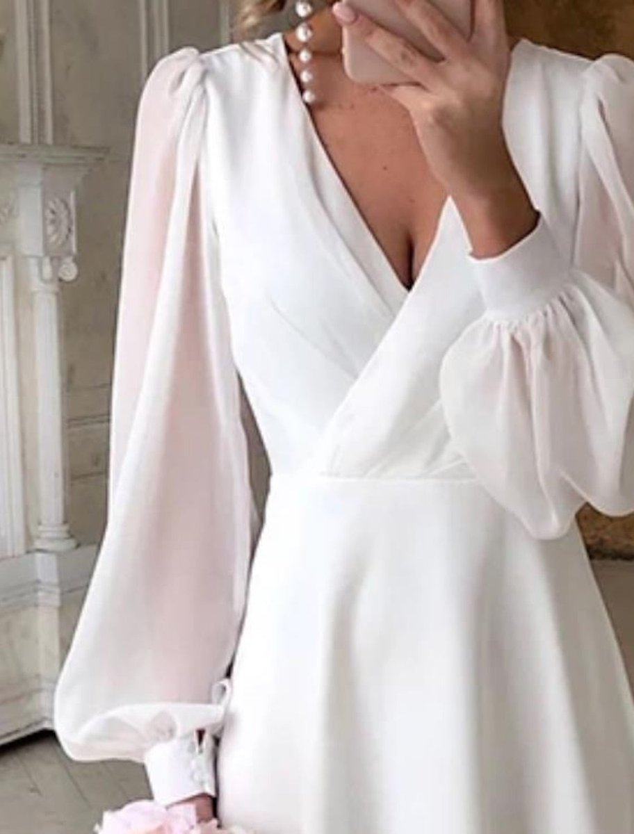 Women's V-Neck Puff Long Sleeve Dress Midi Bridal A-Line