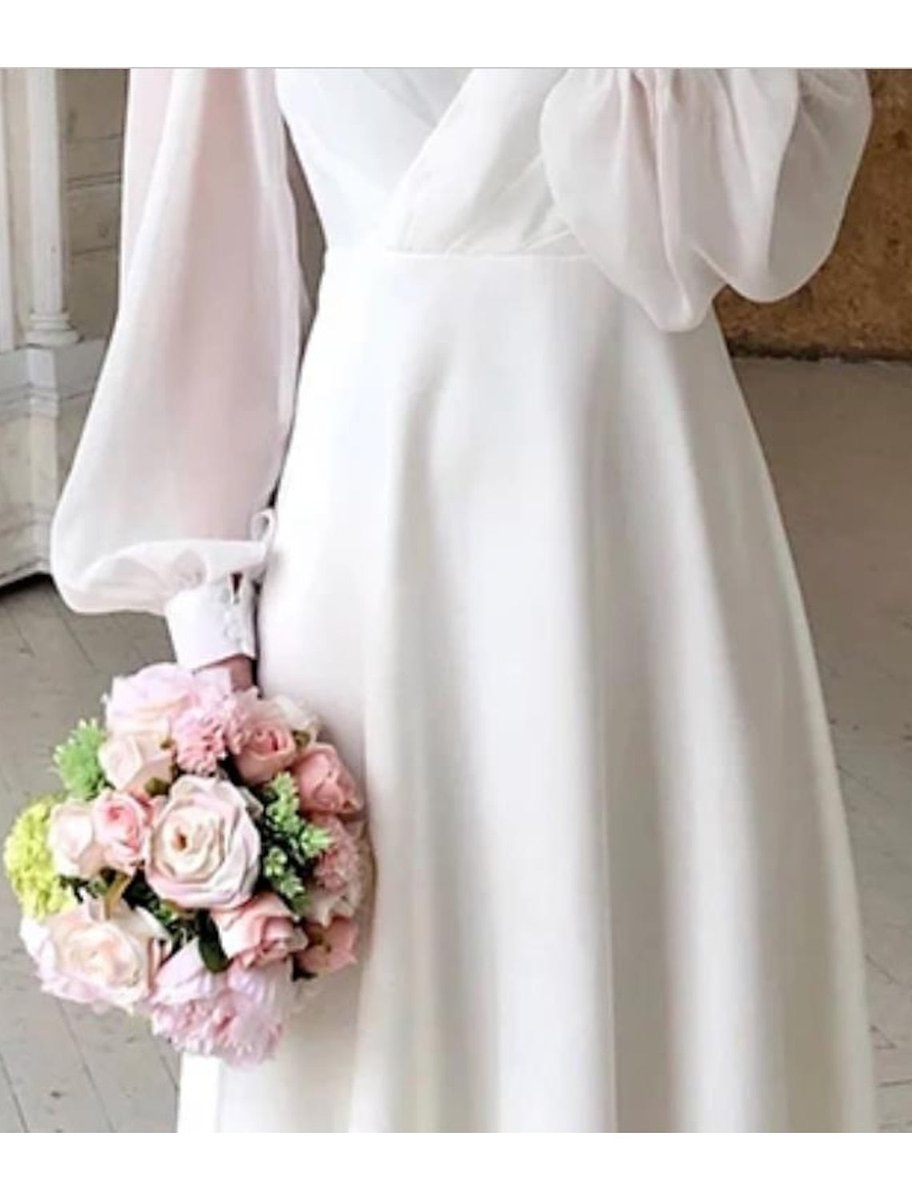 Women's V-Neck Puff Long Sleeve Dress Midi Bridal A-Line