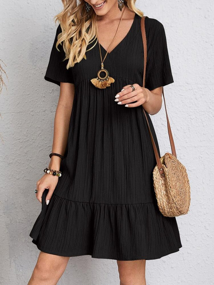 Women's V-Neck Short Sleeve Babydoll Tiered Ruffle Swing Dress - Black