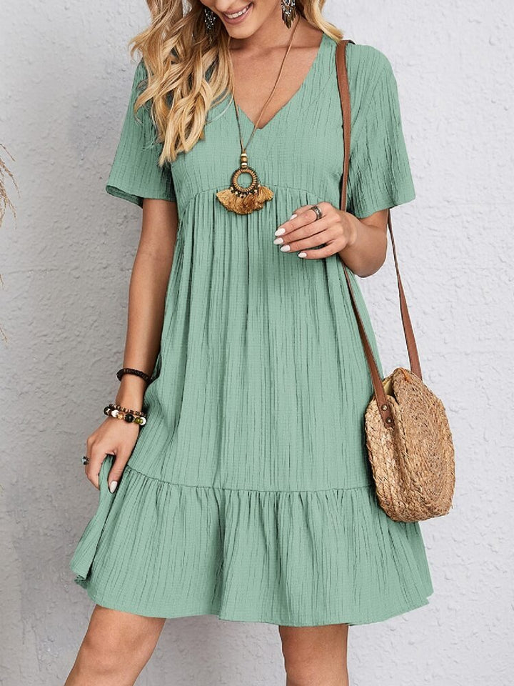 Women's V-Neck Short Sleeve Babydoll Tiered Ruffle Swing Dress - Light Green