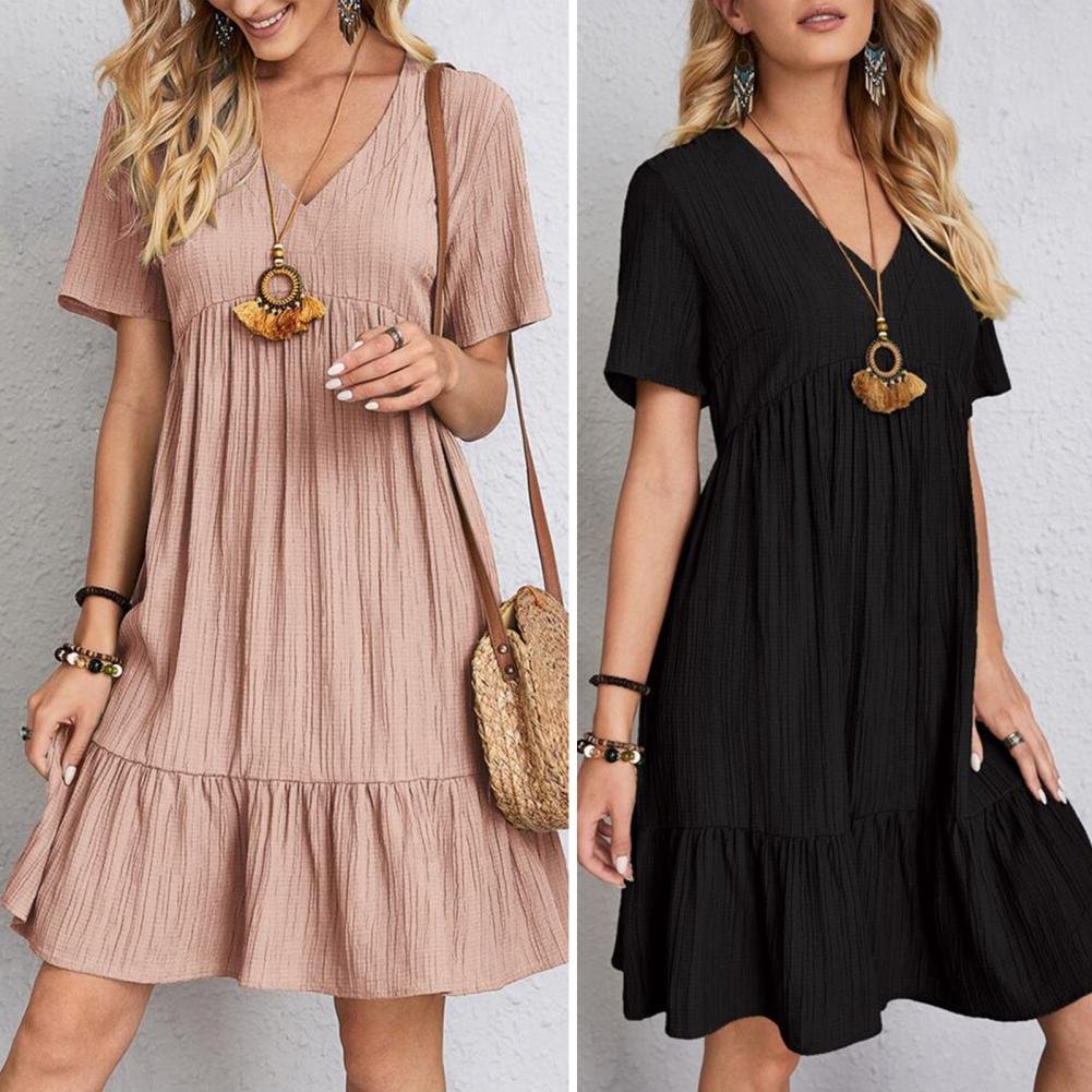 Women's V-Neck Short Sleeve Babydoll Tiered Ruffle Swing Dress