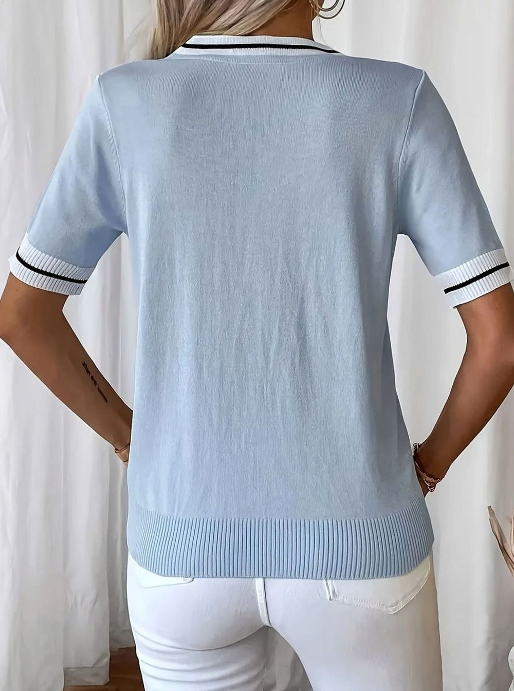Women's V-Neck Short-Sleeve Tie-Detail Knit Sweater