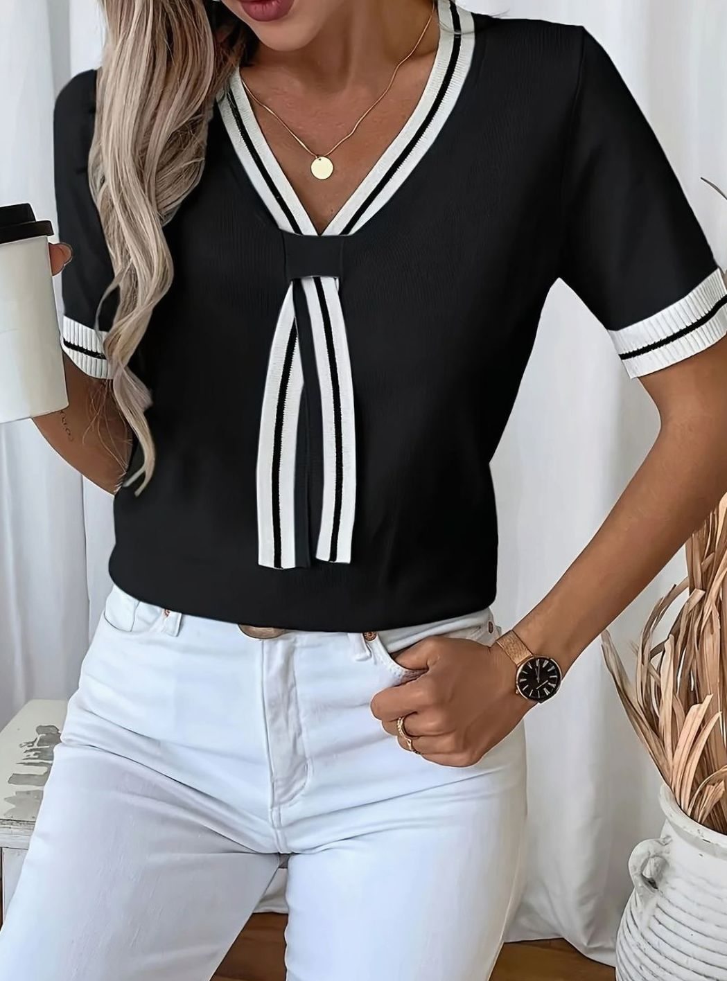 Women's V-Neck Short-Sleeve Tie-Detail Knit Sweater - Black