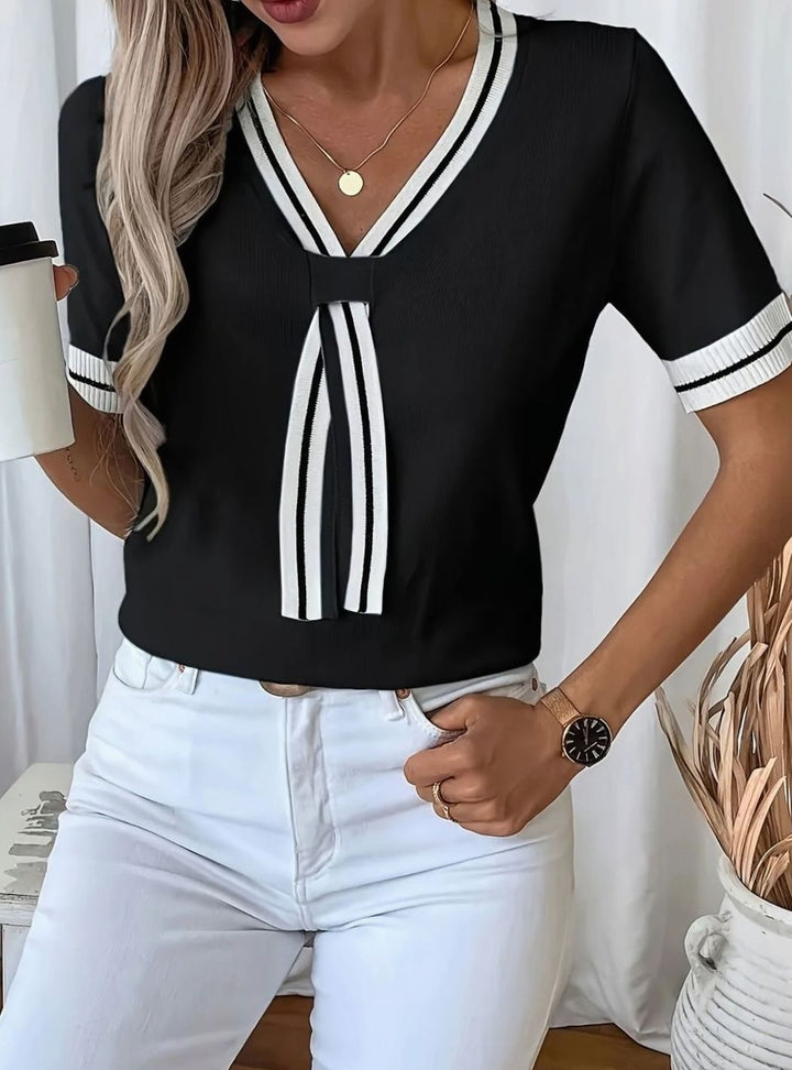 Women's V-Neck Short-Sleeve Tie-Detail Knit Sweater - Black