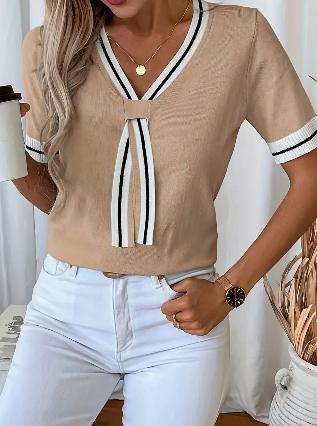 Women's V-Neck Short-Sleeve Tie-Detail Knit Sweater - Khaki