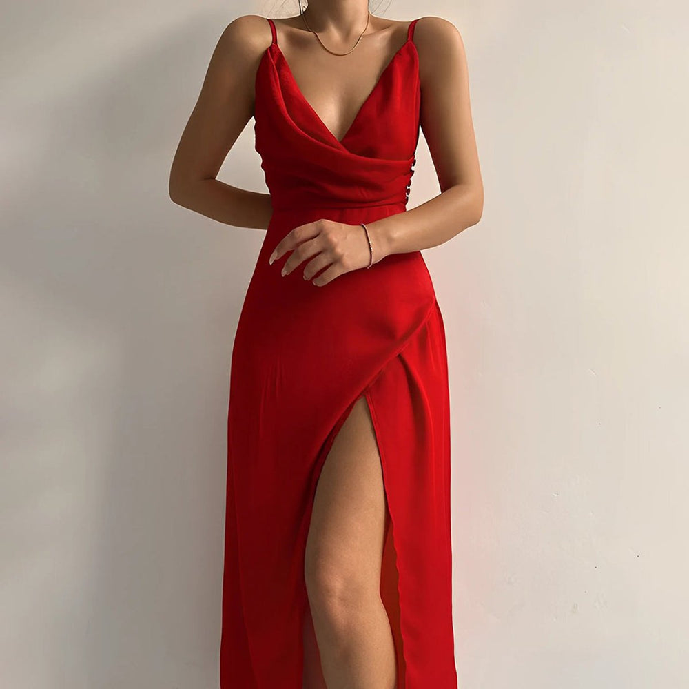 Women's V-Neck Spaghetti Strap Cocktail Party Dress Slit Maxi - Red