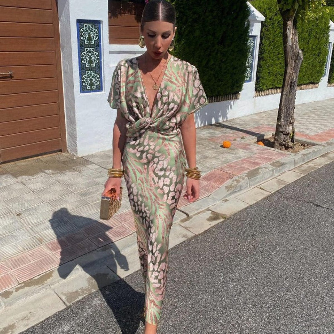 Women's V-Neck Twisted Midi Cocktail Party Dress