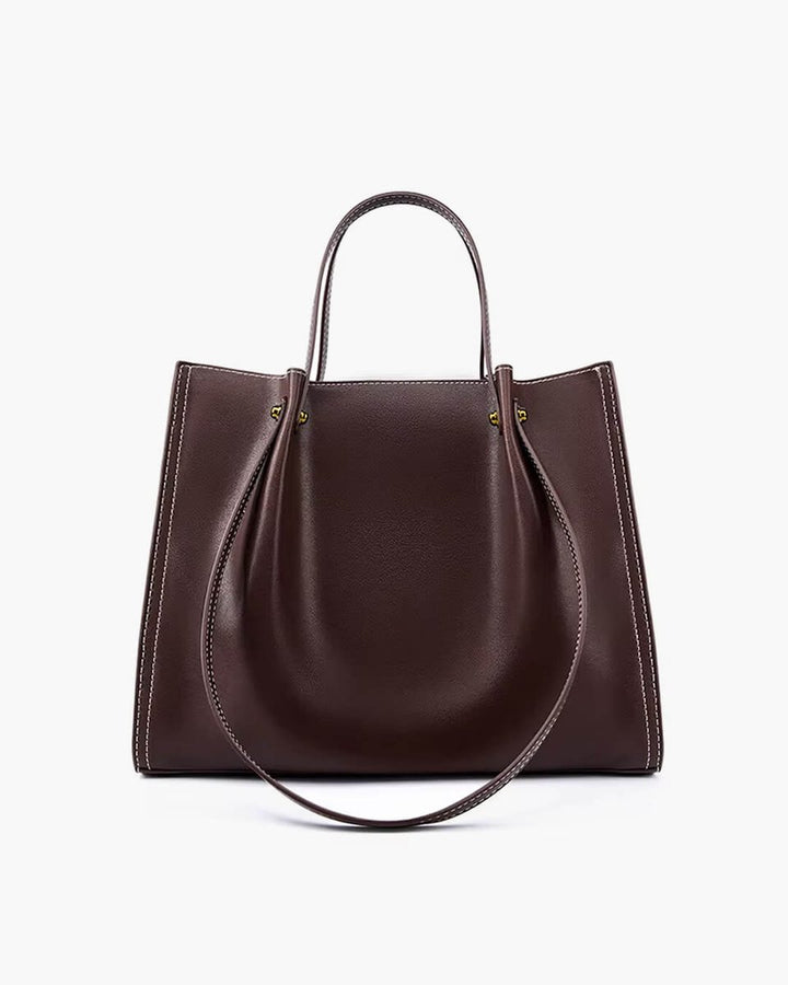 Women's Vegan Leather Minimalist Contrast-Stitch Tote Bag