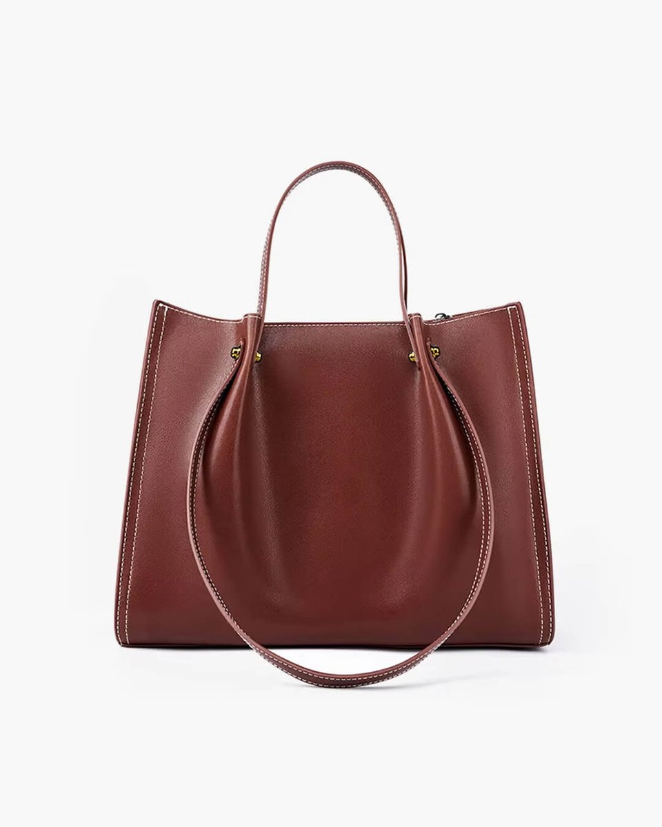 Women's Vegan Leather Minimalist Contrast-Stitch Tote Bag - Brown