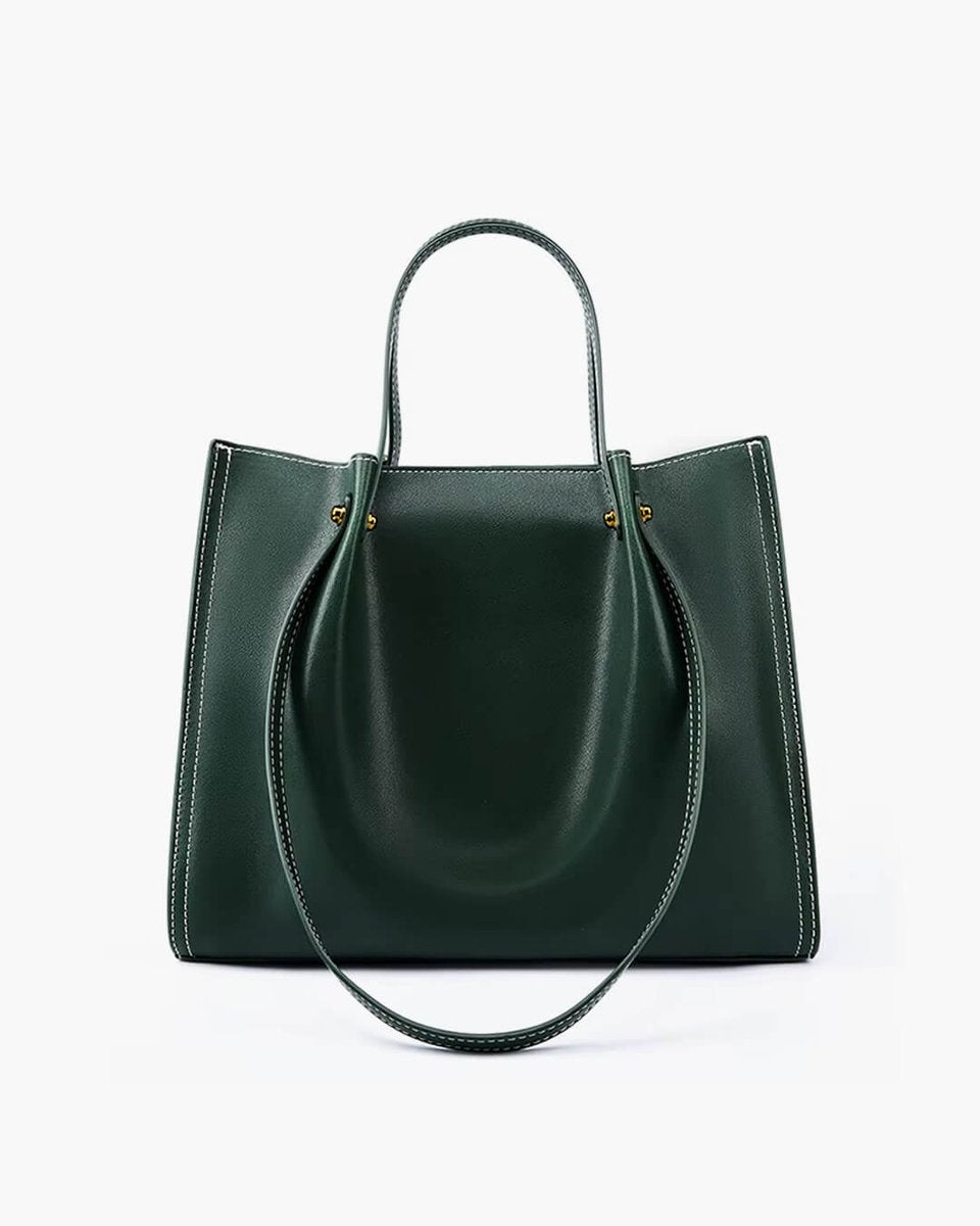 Women's Vegan Leather Minimalist Contrast-Stitch Tote Bag - Green