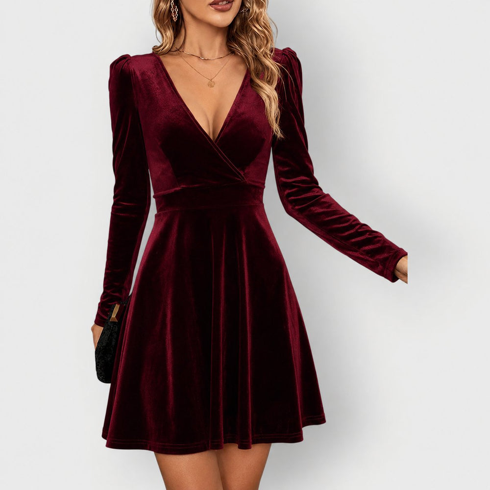 Women's Velvet Skater Formal Dress Deep V-Neck Long Sleeve