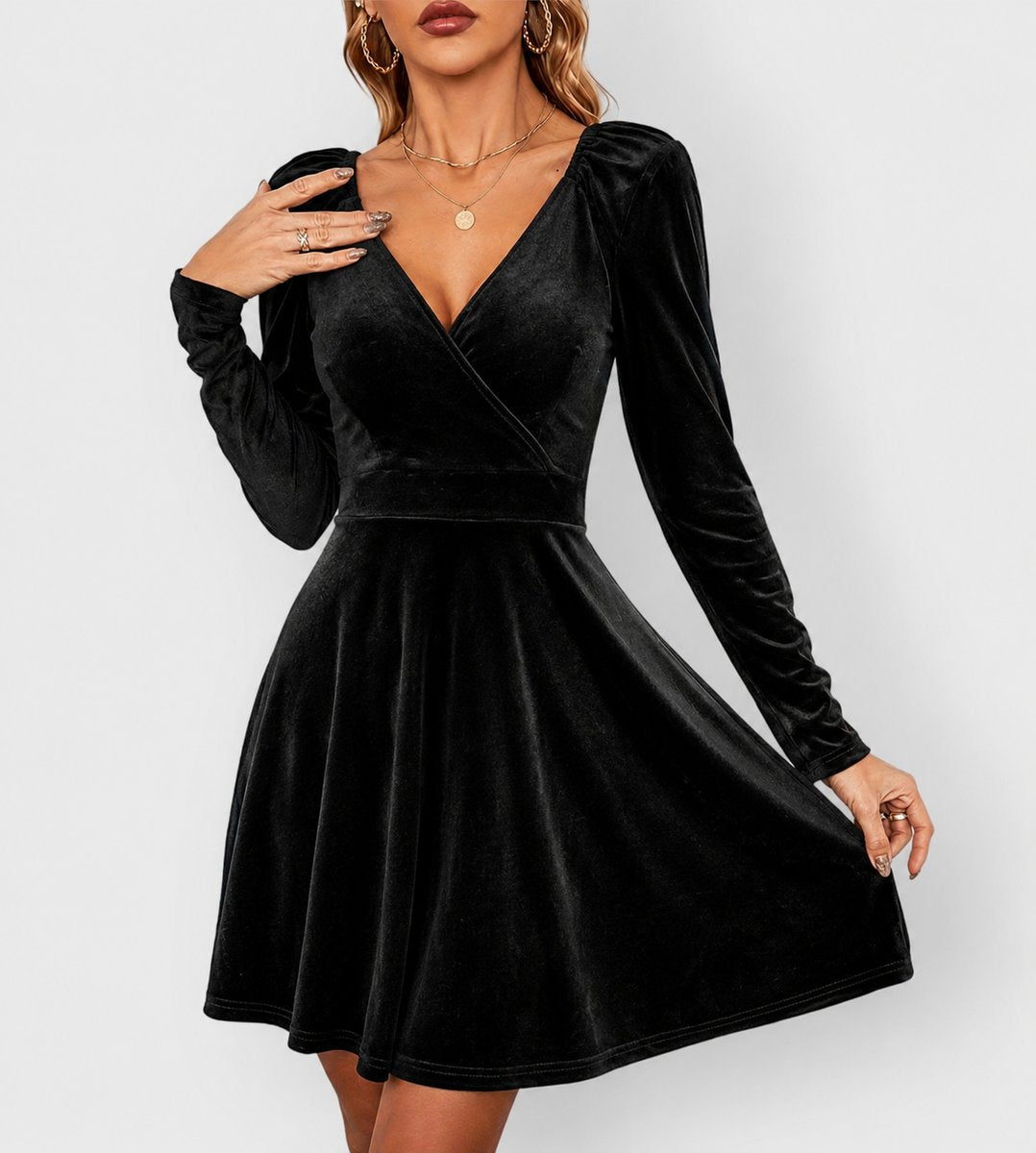 Women's Velvet Skater Formal Dress Deep V-Neck Long Sleeve - Black
