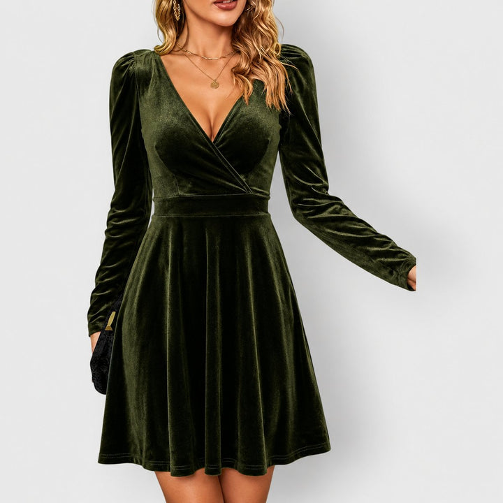 Women's Velvet Skater Formal Dress Deep V-Neck Long Sleeve