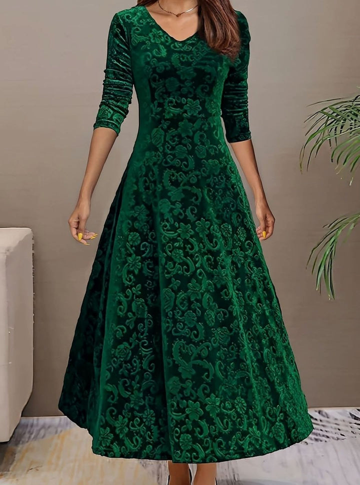 Women's Velvet V-Neck Long-Sleeve A-Line Midi Dress