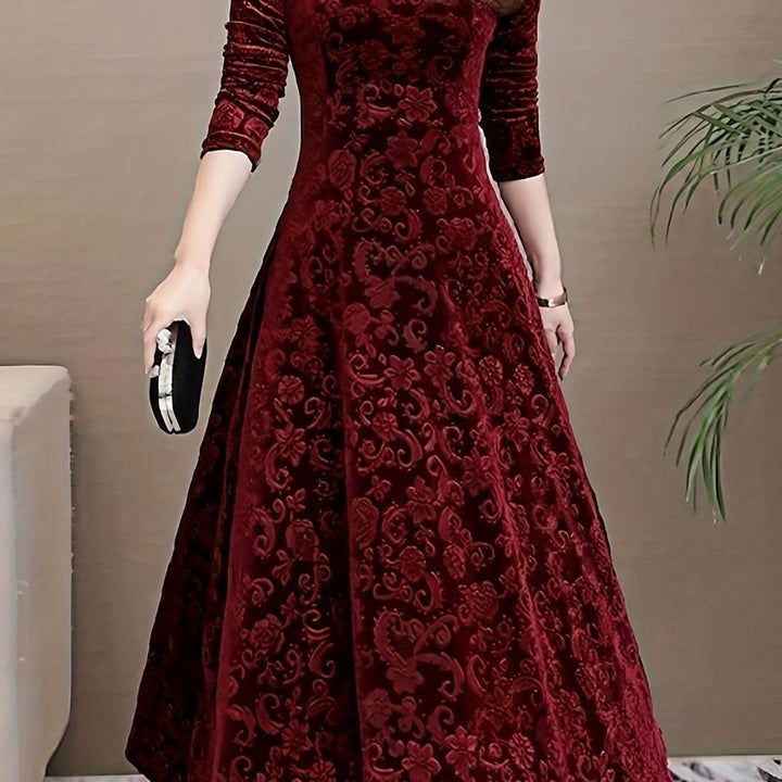 Women's Velvet V-Neck Long-Sleeve A-Line Midi Dress