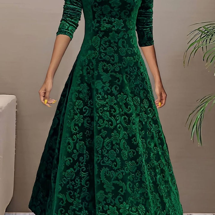 Women's Velvet V-Neck Long-Sleeve A-Line Midi Dress