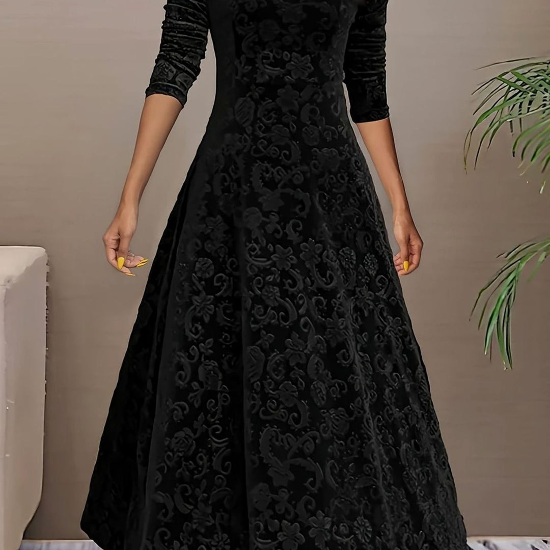 Women's Velvet V-Neck Long-Sleeve A-Line Midi Dress